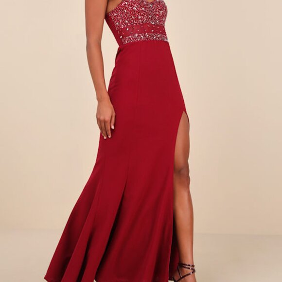Lulus Luxe Allure Wine Red Beaded Rhinestone Bustier Maxi Dress - Size S - Picture 1 of 1